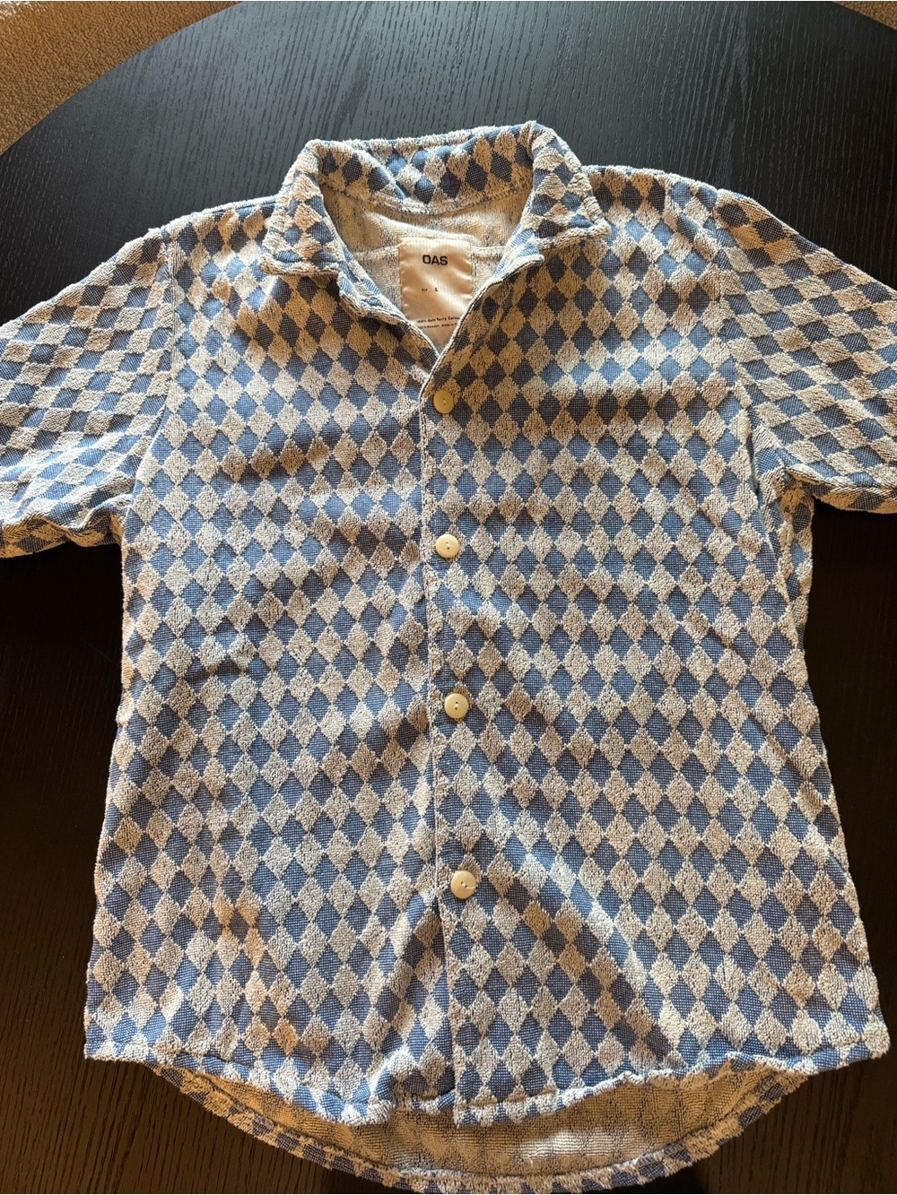 OAS Blue and Cream Diamond-Pattern Casual Button-Down Shirt